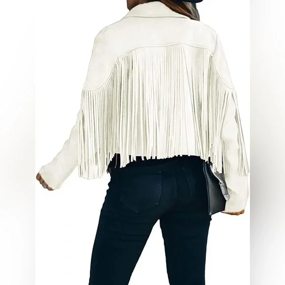 CHARTOU Women's Chic Cropped Tassel Fringe Faux Suede Moto Jacket NWT - Picture 7 of 13